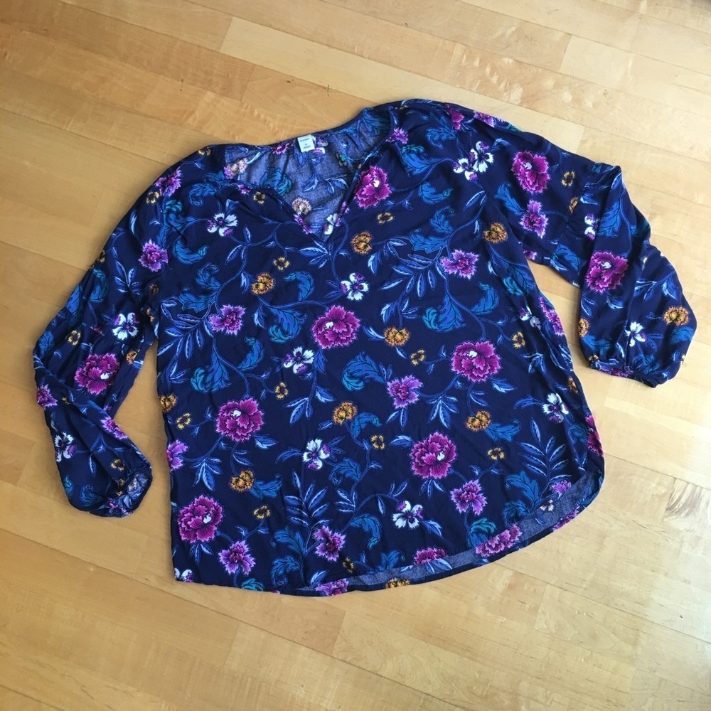 Old Navy Floral Blouse, Balloon Sleeve Detail, Navy Blue, Pink, Size XL
